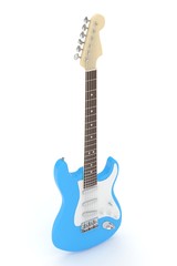 Isolated blue electric guitar on white background.  Musical instrument for rock, blues, metal songs. 3D rendering.