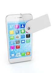 White smart phone with white price tag on white background. Identification, price, label. 3D rendering.