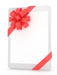 White tablet with red bow and empty screen. 3D rendering.