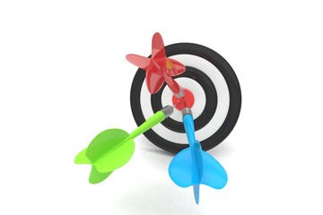 Three multicolor arrows darts in center. 3d rendering.