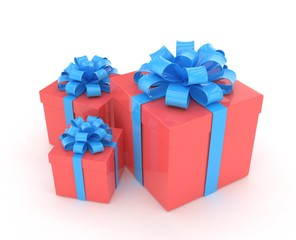 three gift boxes with bows isolated on white. 3d rendering.
