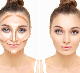 Contouring.Make up woman face. Contour and highlight makeup.