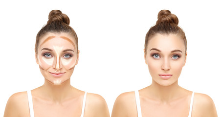 Contouring.Make up woman face. Contour and highlight makeup.