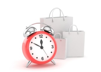 alarm clock and shopping bag (time to buy concept). 3d rendering.