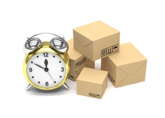 Package and alarm clock, delivery concept. 3d rendering.