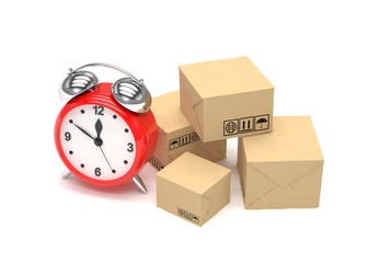 Package and alarm clock, delivery concept. 3d rendering.