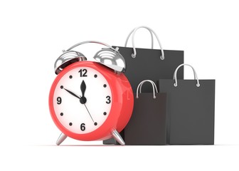 alarm clock and shopping bag (time to buy concept). 3d rendering.