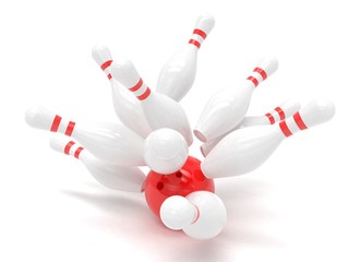 Bowling ball and skittles isolated. 3d rendering.