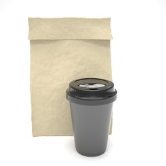 Coffee to go and lunch bag, on white. 3d rendering.