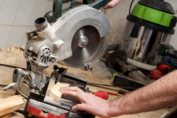Carpenter working. Carpenter tools on wooden table with sawdust. Carpenter workplace top view