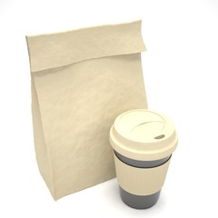 Coffee to go and lunch bag, on white. 3d rendering.