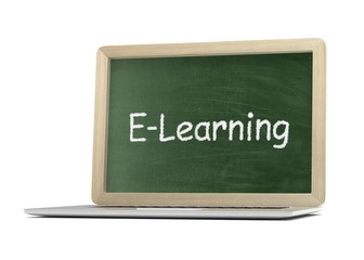  Laptop with chalkboard, e-learning, online education concept. 3d rendering.