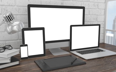 Fototapeta premium Responsive mockup screen. Monitor, laptop, tablet, phone on table in office. 3d rendering.