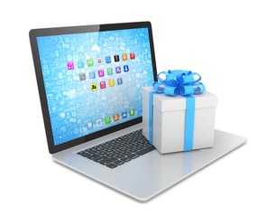 Gift box with ribbon bow on laptop keyboard. 3d rendering.