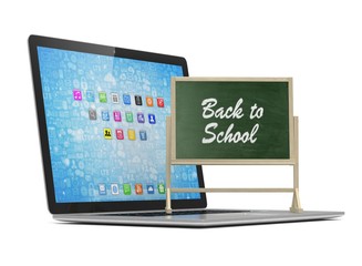 Laptop with chalkboard, back to school, online education concept. 3d rendering.