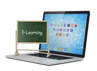 Laptop with chalkboard, e-learning, online education concept. 3d rendering.