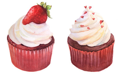sweet red watercolor cupcakes with strawberry