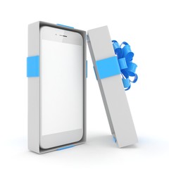Smartphone in gift box. Isolated on white background. 3d rendering.