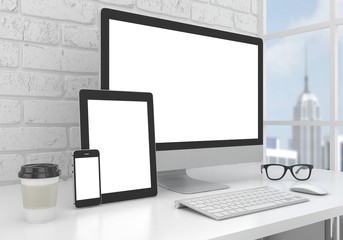 Fototapeta premium Responsive mockup screen. Monitor, tablet, phone on table in office. 3d rendering.