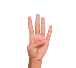 A hand sign of 4 fingers point upward meaning four, fourth, etc. with white backgroud