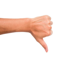 A hand sign of thumb point downward meaning bad, dislike, etc. with white backgroud