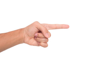 A hand sign point side-ward meaning this, one, first, etc. with white background