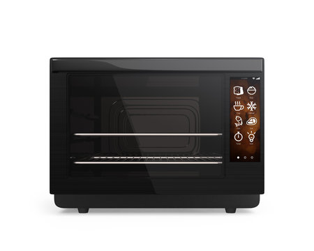 Front view of electric oven with touch screen. 3D rendering image with clipping path.