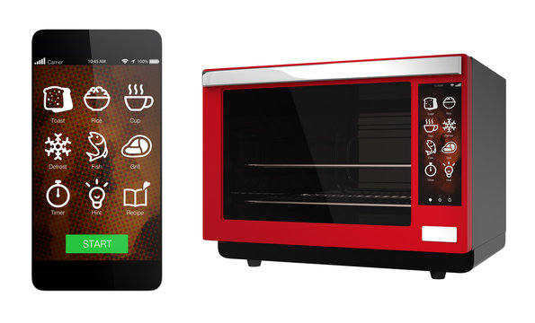 Red electric oven and smart phone isolated on white background. Using smart phone app could link to the oven. 3D rendering image with clipping path.