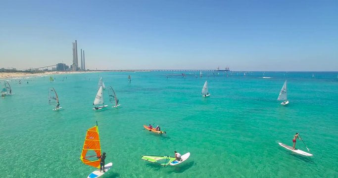  Aerial Shot of Sailboats and Windsurfing