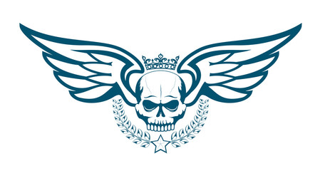 Vector monochrome tattoo or logo with crowned skull, wings, laurel wreath. Isolated on white background. Royal design for air force, biker or MMA fighter print.