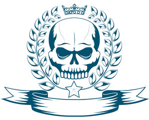 Vector monochrome tattoo or logo with skull, crown, laurel wreath and ribbon. Isolated MMA emblem on white background. Design for t-shirt print.