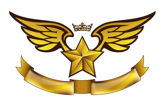 Vector golden tattoo or logo with star, wings, crown and ribbon. Isolated on white background. Design for air force, biker or army print.