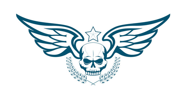 Vector monochrome tattoo or logo with skull, wings, laurel wreath and star. Isolated on white background. Design for air force, biker or MMA fighter print.