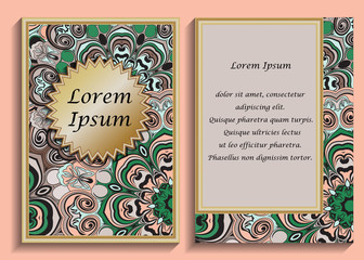 Colorful cover with pattern of mandala in oriental style. Card or brochure vintage design. Floral designed flyer.