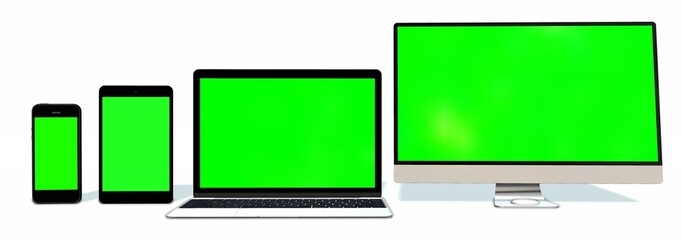 realistic Monitor laptop tablet and phone set with green screen