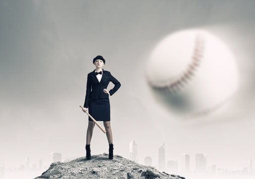 Woman play baseball . Mixed media