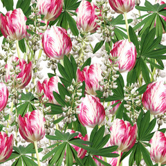 Beautiful floral background of white lupine and tulips 