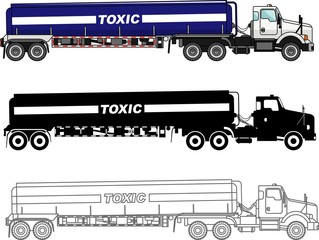 Different kind cistern trucks carrying chemical, radioactive, toxic, hazardous substances isolated on white background in flat style: colored, black silhouette and contour. Vector illustration.