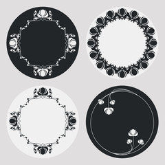 Set of silhouette round frames with floral elements. Design element for  logo, banners, labels, prints, posters, web, presentation, invitations, weddings, greeting cards, albums. Vector clip art.