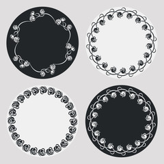Set of silhouette round frames with floral elements. Design element for  logo, banners, labels, prints, posters, web, presentation, invitations, weddings, greeting cards, albums. Vector clip art.