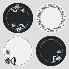 Set of silhouette round frames with floral elements. Design element for  logo, banners, labels, prints, posters, web, presentation, invitations, weddings, greeting cards, albums. Vector clip art.