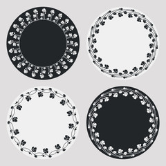 Set of silhouette round frames with floral elements. Design element for  logo, banners, labels, prints, posters, web, presentation, invitations, weddings, greeting cards, albums. Vector clip art.