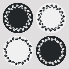 Set of silhouette round frames with floral elements. Design element for  logo, banners, labels, prints, posters, web, presentation, invitations, weddings, greeting cards, albums. Vector clip art.