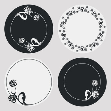 Set of silhouette round frames with floral elements. Design element for  logo, banners, labels, prints, posters, web, presentation, invitations, weddings, greeting cards, albums. Vector clip art.