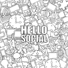 Hello social background with media icons technology hand letteri