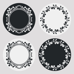 Set of silhouette round frames with floral elements. Design element for  logo, banners, labels, prints, posters, web, presentation, invitations, weddings, greeting cards, albums. Vector clip art.
