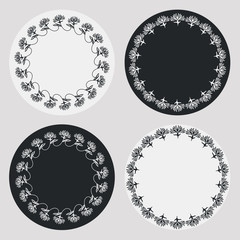 Set of silhouette round frames with floral elements. Design element for  logo, banners, labels, prints, posters, web, presentation, invitations, weddings, greeting cards, albums. Vector clip art.