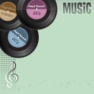 Colorful background with three vinyl records and the word music written with capital letters