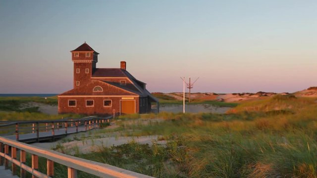 Beach house at Cape Cod at sunset, Massachusetts, USA.