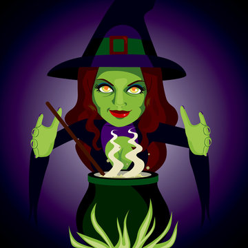 Scary witch making sorcery spells and potions with her magic cauldron